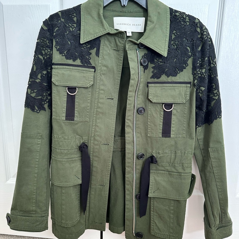 Veronica Beard Olive Jacket with Black Lace Details